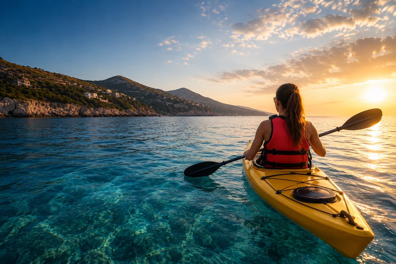 Paddler exploring crystal-clear water at golden hour with AquaGear equipment